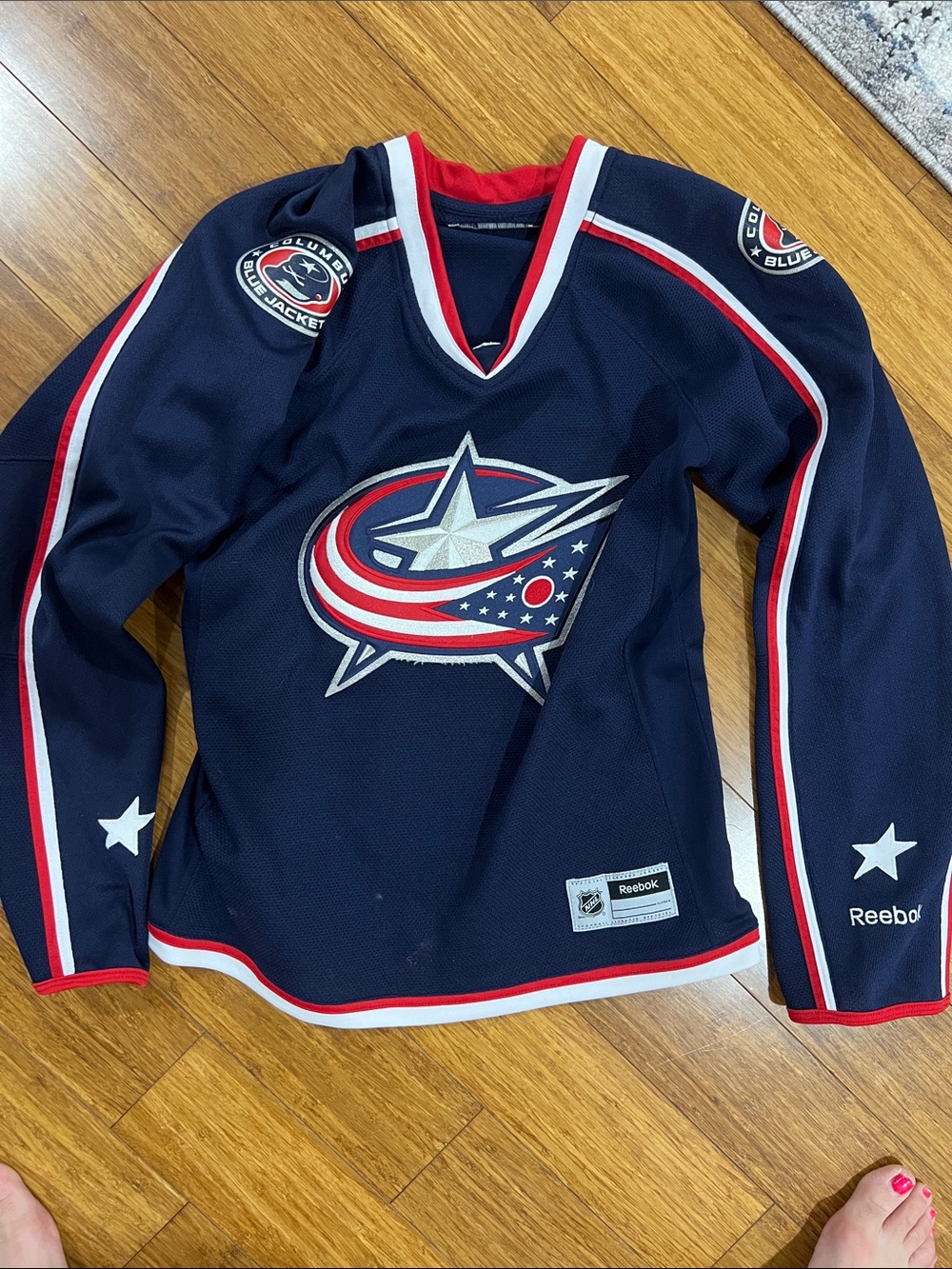Reebok M Columbus Blue Jackets Navy Jersey with Red & White Trim